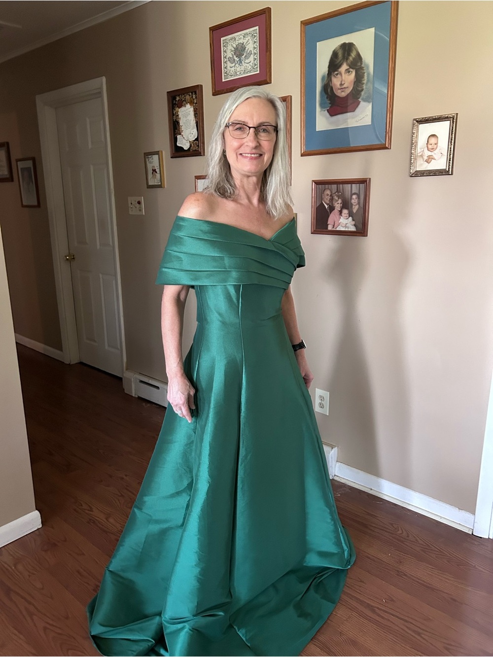 Terani Couture Emerald Off-Shoulder Satin Prom Gown - Picture 8 of 9